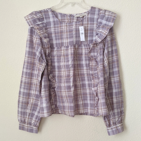 NWT LOFT Plaid Ruffle Cropped Blouse in Lavender - Picture 4 of 7